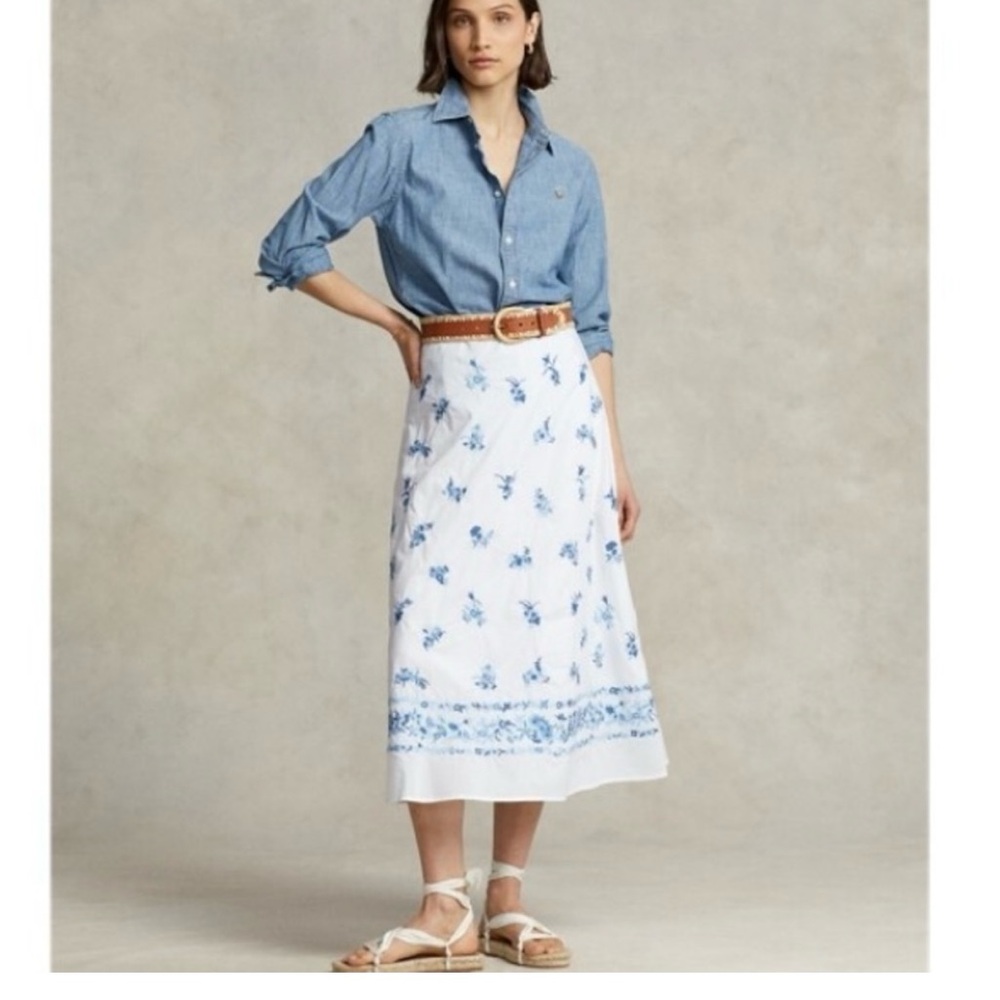 Polo Ralph Lauren White Cotton Floral Embroidered Midi Skirt